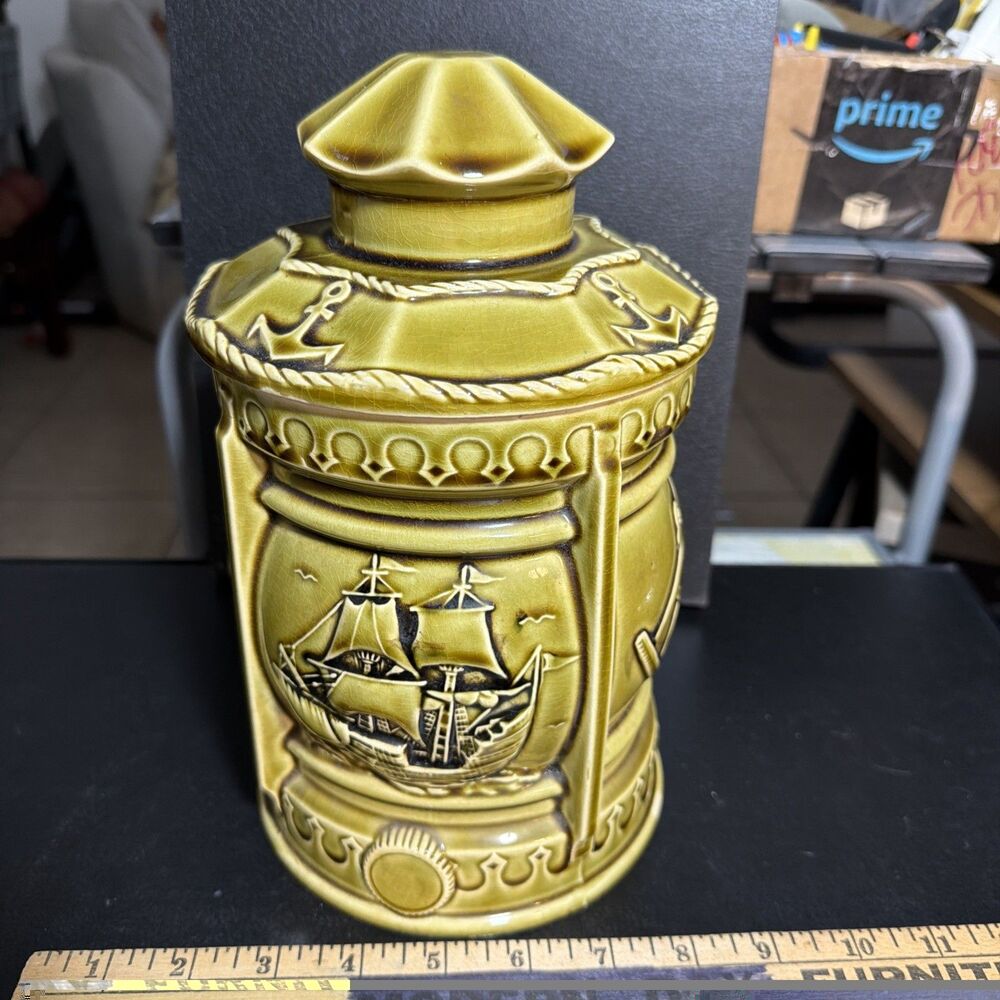 Vintage Nautical Style Cookie Jar Marked Japan Green Finish NICE 10" Tall